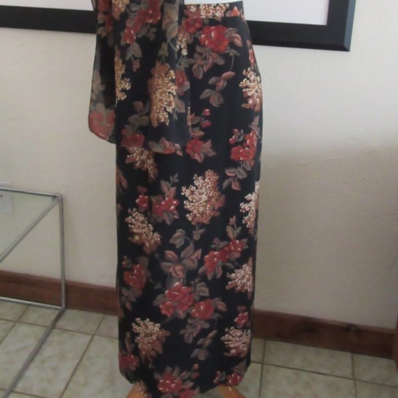 Vintage 1990s black & terracotta floral wrap midi skirt & scarf sz. 16 - Picture 6 of 14